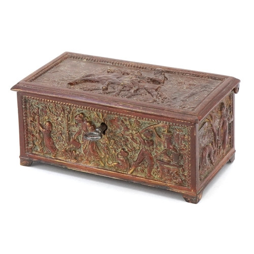 73 - An antique Grand Tour style brass jewellery casket profusely embossed with classical figures and a f... 