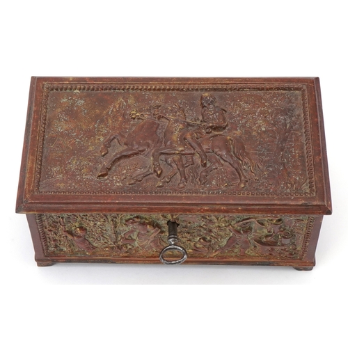 73 - An antique Grand Tour style brass jewellery casket profusely embossed with classical figures and a f... 