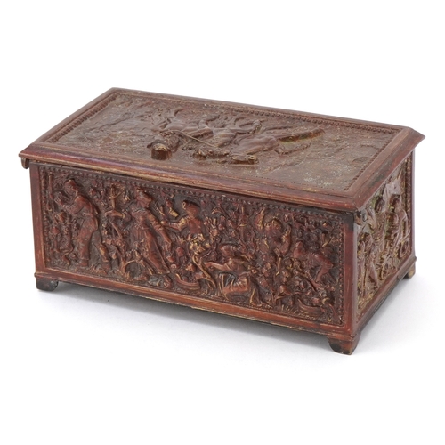 73 - An antique Grand Tour style brass jewellery casket profusely embossed with classical figures and a f... 