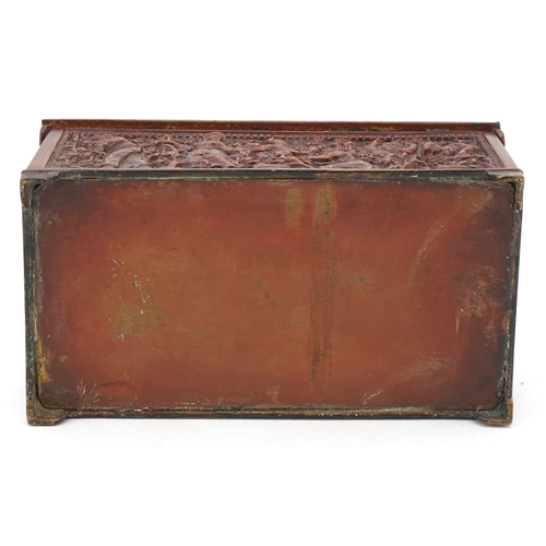 73 - An antique Grand Tour style brass jewellery casket profusely embossed with classical figures and a f... 