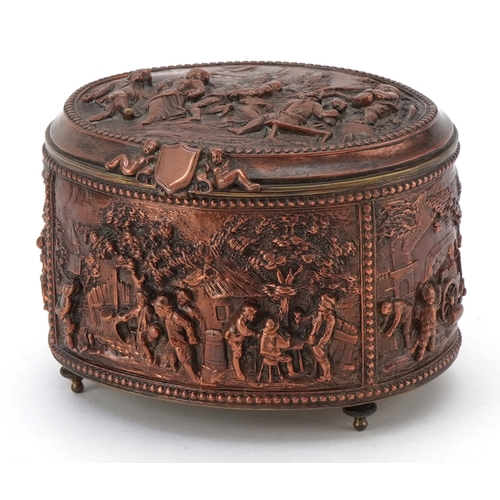 71 - An antique Grand Tour style copper jewellery casket embossed in high relief with rural scenes, 8cm h... 