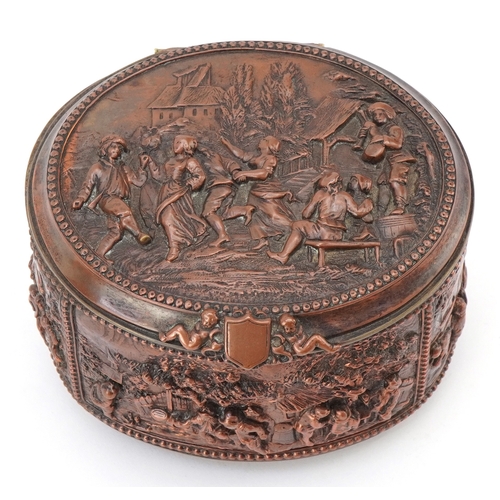 71 - An antique Grand Tour style copper jewellery casket embossed in high relief with rural scenes, 8cm h... 