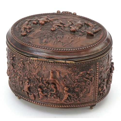 71 - An antique Grand Tour style copper jewellery casket embossed in high relief with rural scenes, 8cm h... 
