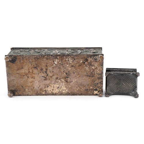 70 - Two antique silver plated jewellery caskets including a pewter example embossed with panels of sheph... 