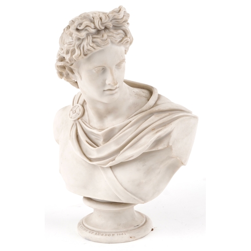 84 - A 19th century parian bust of Apollo incised C. Delpech, Art Union of London 1861, 35cm high.