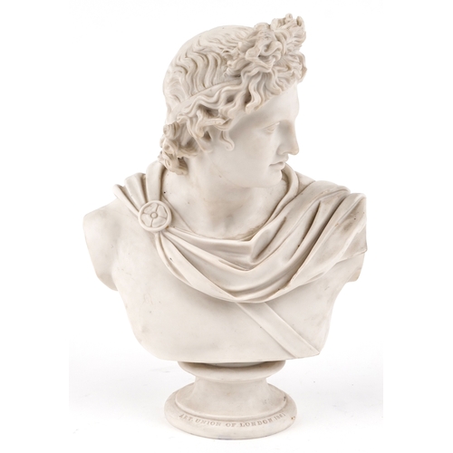 84 - A 19th century parian bust of Apollo incised C. Delpech, Art Union of London 1861, 35cm high.