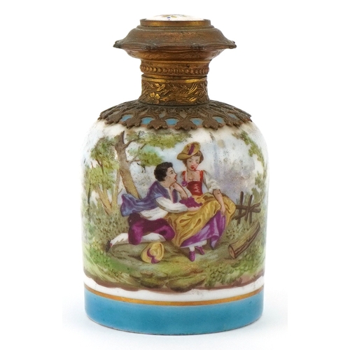 99 - A continental porcelain scent bottle hand painted in enamel with courting couples, with gilt metal m... 