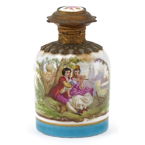 99 - A continental porcelain scent bottle hand painted in enamel with courting couples, with gilt metal m... 