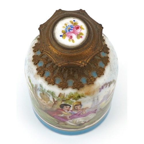 99 - A continental porcelain scent bottle hand painted in enamel with courting couples, with gilt metal m... 