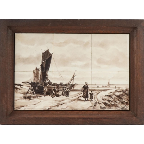 381 - Jan H. B. Koekkoek - Op't Strand, a 19th century Dutch School watercolour under-glazed tile panel, s... 