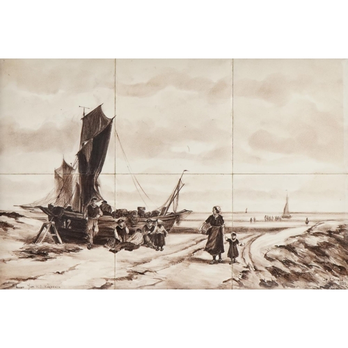 381 - Jan H. B. Koekkoek - Op't Strand, a 19th century Dutch School watercolour under-glazed tile panel, s... 
