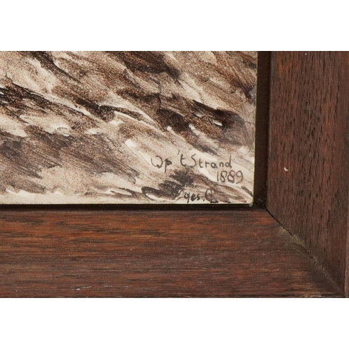 381 - Jan H. B. Koekkoek - Op't Strand, a 19th century Dutch School watercolour under-glazed tile panel, s... 