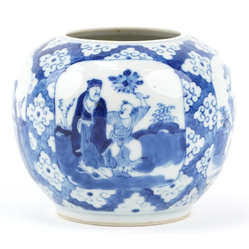 359 - A Chinese blue and white porcelain ginger jar hand painted with panels of figures, character mark to... 