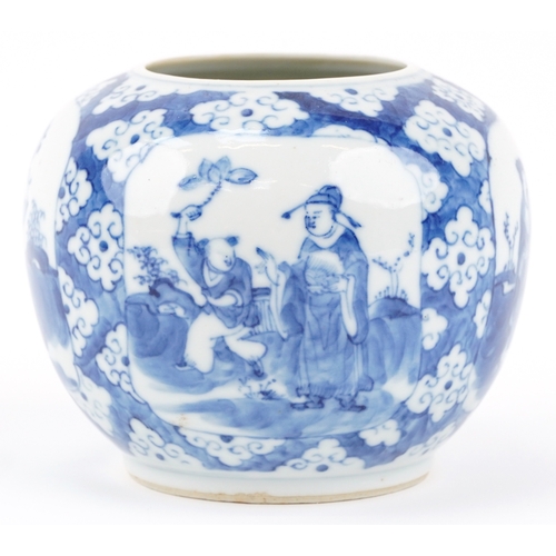 359 - A Chinese blue and white porcelain ginger jar hand painted with panels of figures, character mark to... 
