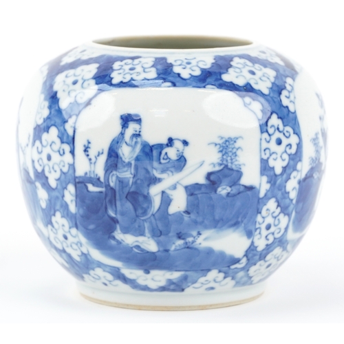 359 - A Chinese blue and white porcelain ginger jar hand painted with panels of figures, character mark to... 