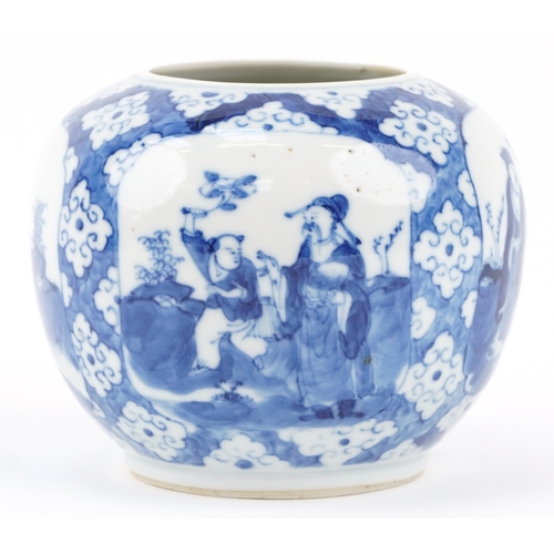 359 - A Chinese blue and white porcelain ginger jar hand painted with panels of figures, character mark to... 