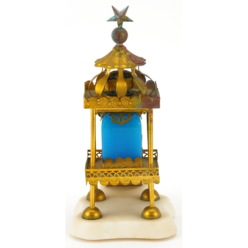 68A - A Grand Tour French opaline glass inkwell housed in an ornate brass marquis with a hand painted pane... 