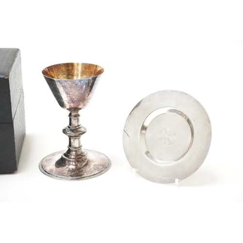 104 - D. G. Collins, an ecclesiastical silver plated communion set with chalice housed in a velvet and sil... 