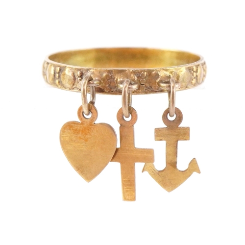 A 9ct gold Faith, Hope & Charity ring, size Q, 1.8g.
