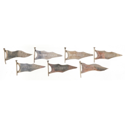 2299 - Seven sporting interest Chinese export silver flag brooches by Wang Hing, dated 1931 and 1932, inclu... 