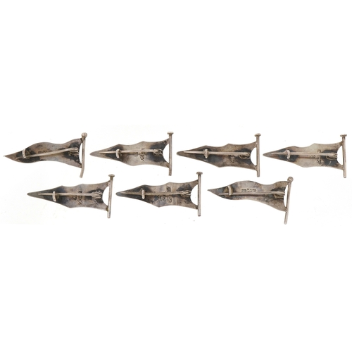 2299 - Seven sporting interest Chinese export silver flag brooches by Wang Hing, dated 1931 and 1932, inclu... 