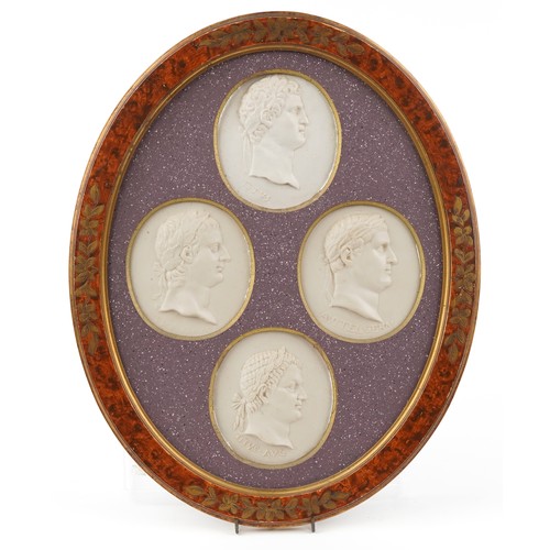 34 - Eight Grand Tour parian style cameos housed in two gilt burr wood oval frames, the frames 51cm x 41c... 