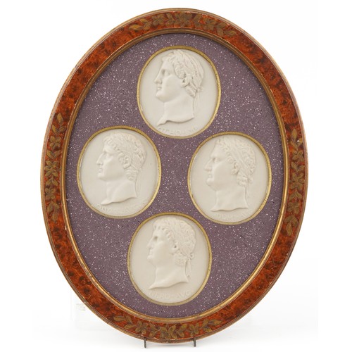 34 - Eight Grand Tour parian style cameos housed in two gilt burr wood oval frames, the frames 51cm x 41c... 
