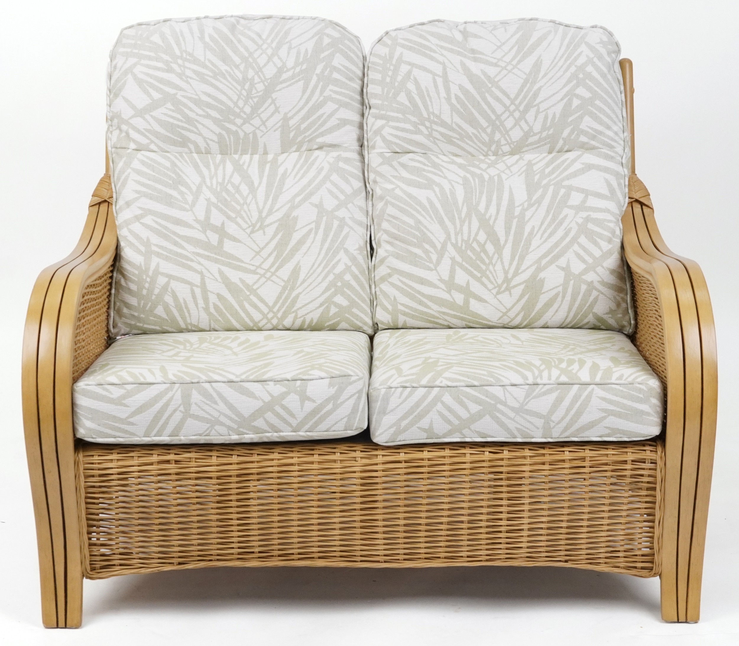 A modern wicker and bent wood conservatory two seat settee with ...