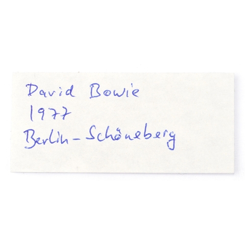 2233 - David Bowie ink signature on paper, label verso inscribed David Bowie 1977 Berlin-Schöneberg, 13.5cm... 