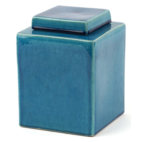 A Chinese blue crackle glazed square section jar and cover, 20cm high.