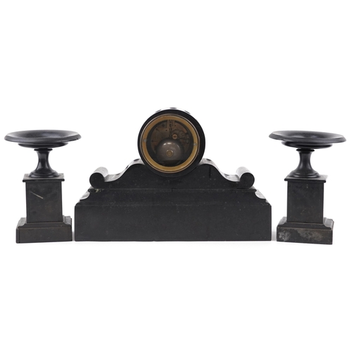 11 - A Victorian slate and green marble clock garniture, the circular black enamelled dials with Roman nu... 