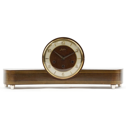 19 - Junghans, an Art Deco inlaid mahogany Westminster chiming mantle clock, 56cm wide.
