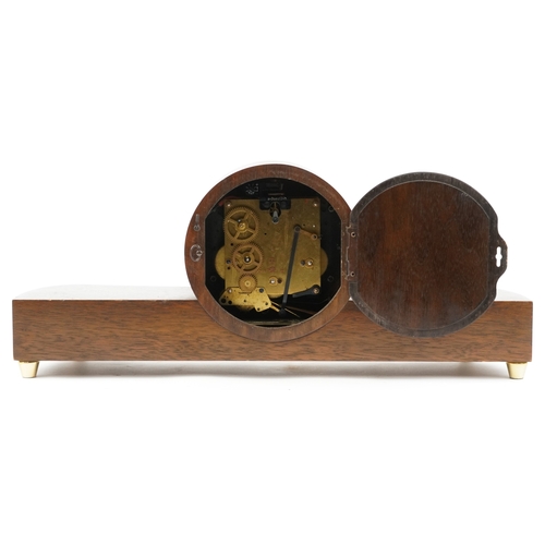 19 - Junghans, an Art Deco inlaid mahogany Westminster chiming mantle clock, 56cm wide.
