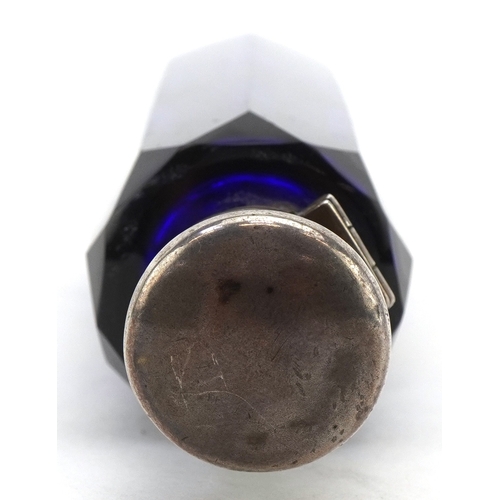 45 - A Victorian faceted blue glass double ended scent bottle with unmarked silver mounts, 10.5cm in leng... 