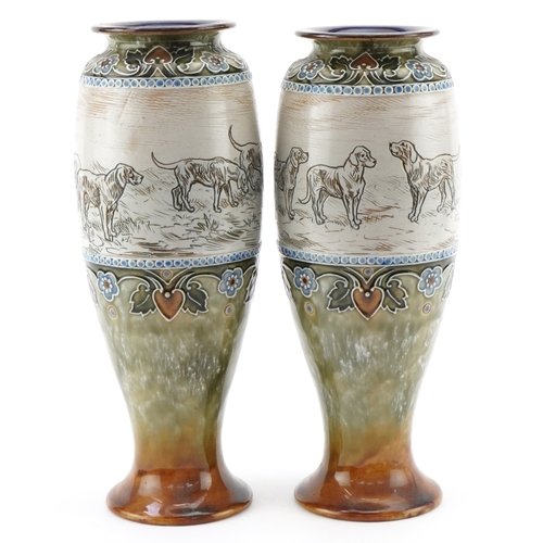 54 - Hannah Barlow for Royal Doulton, a matched pair of Art Nouveau stoneware vases, each incised with a ... 
