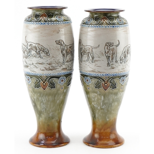 54 - Hannah Barlow for Royal Doulton, a matched pair of Art Nouveau stoneware vases, each incised with a ... 
