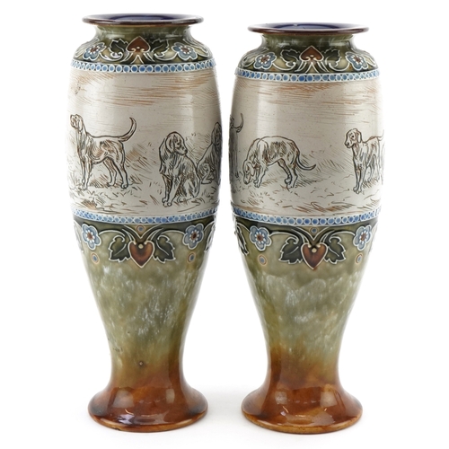 54 - Hannah Barlow for Royal Doulton, a matched pair of Art Nouveau stoneware vases, each incised with a ... 