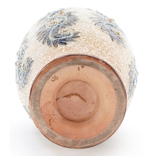 56 - George Tinworth for Royal Doulton, an Art Nouveau stoneware vase hand painted with stylized flowers,... 