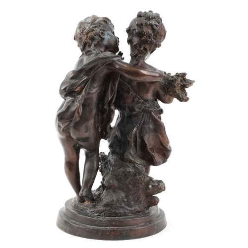 3 - After Augustus Moreau (1834-1917) - 'Le Secret', a brown patinated bronze Putti group on a circular ... 