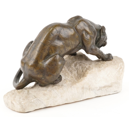 2 - After Giacomo Merculiano (1859-1935) - An Italian brown patinated bronze crouching tiger, mounted on... 