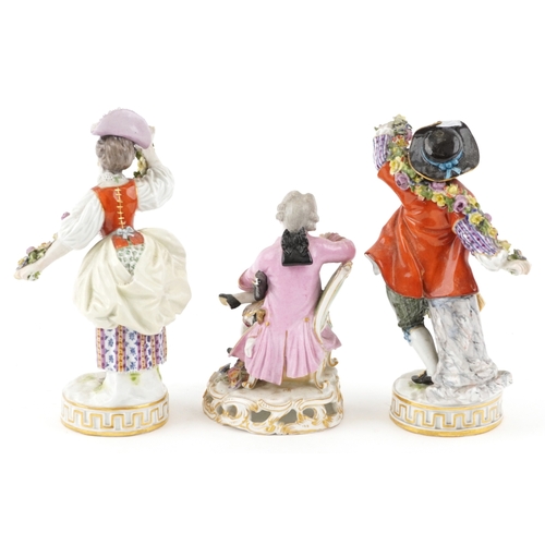 39 - Three late 19th/early 20th century Meissen porcelain figures, each bearing the double  crossed sword... 