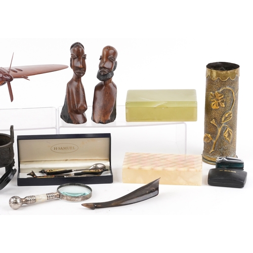 Antique and later objects including a trench art shell case, novelty ...