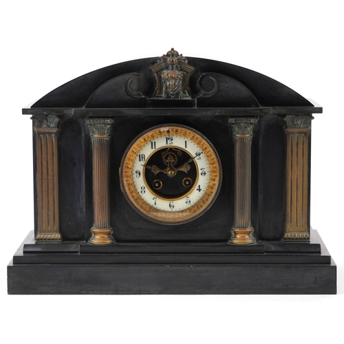 13 - A Victorian black slate and gilt metal mounted mantle clock, with white enamelled dial, chiming on a... 