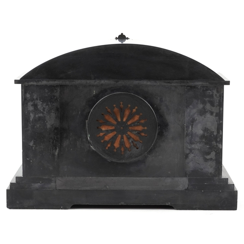 13 - A Victorian black slate and gilt metal mounted mantle clock, with white enamelled dial, chiming on a... 