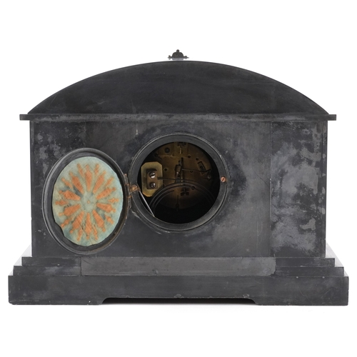 13 - A Victorian black slate and gilt metal mounted mantle clock, with white enamelled dial, chiming on a... 