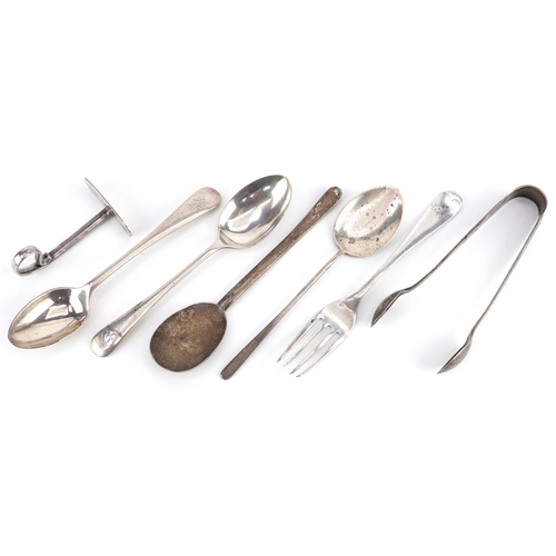 Silver objects including two Arts & Crafts silver spoons and sugar ...
