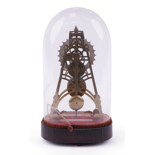 18 - A Victorian brass skeleton clock, the silvered dial having black enamelled Roman numerals, raised on... 