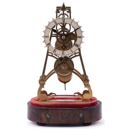 18 - A Victorian brass skeleton clock, the silvered dial having black enamelled Roman numerals, raised on... 