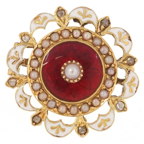 An Edwardian unmarked gold red guilloche enamel brooch set with diamond and seed pearls, 1.9cm in diameter, 3.7g.