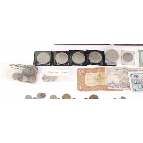 A small collection British and World coins and banknotes including, £5 ...